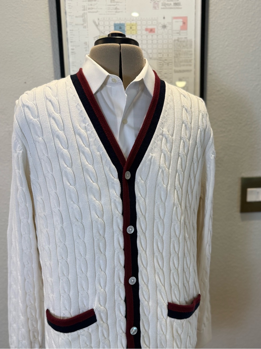 Brooks Brothers XL White Cable Knit Tennis Cardigan Navy Burgundy Trim